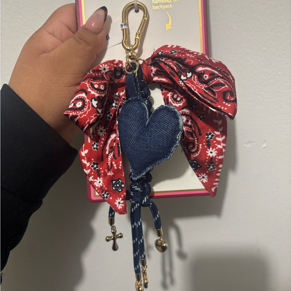 Piper K Red Bandana Paisley Bow Keychain with Denim Heart